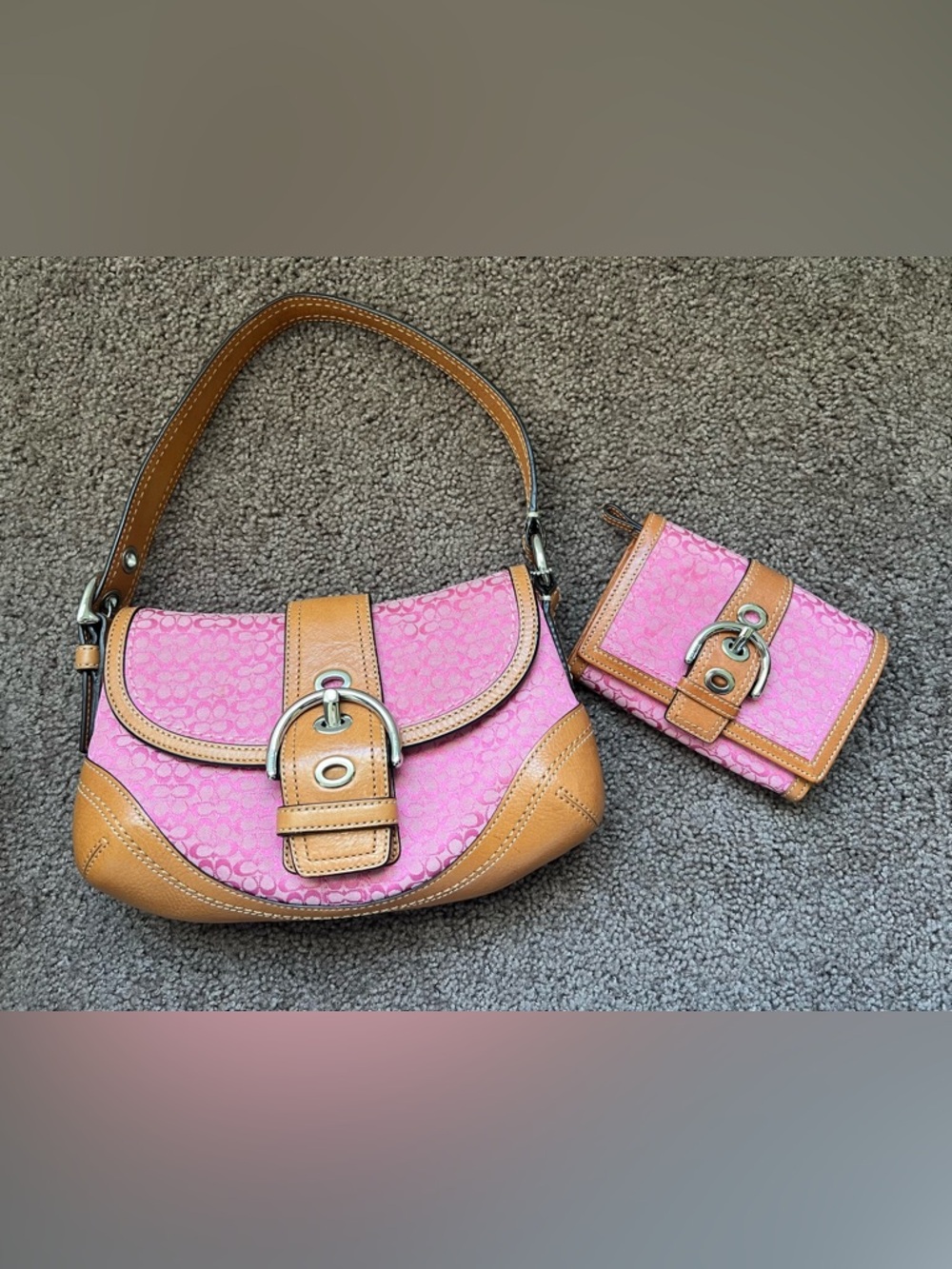 2007 Coach Pink and Tan Shoulder Bag with Matching Wallet